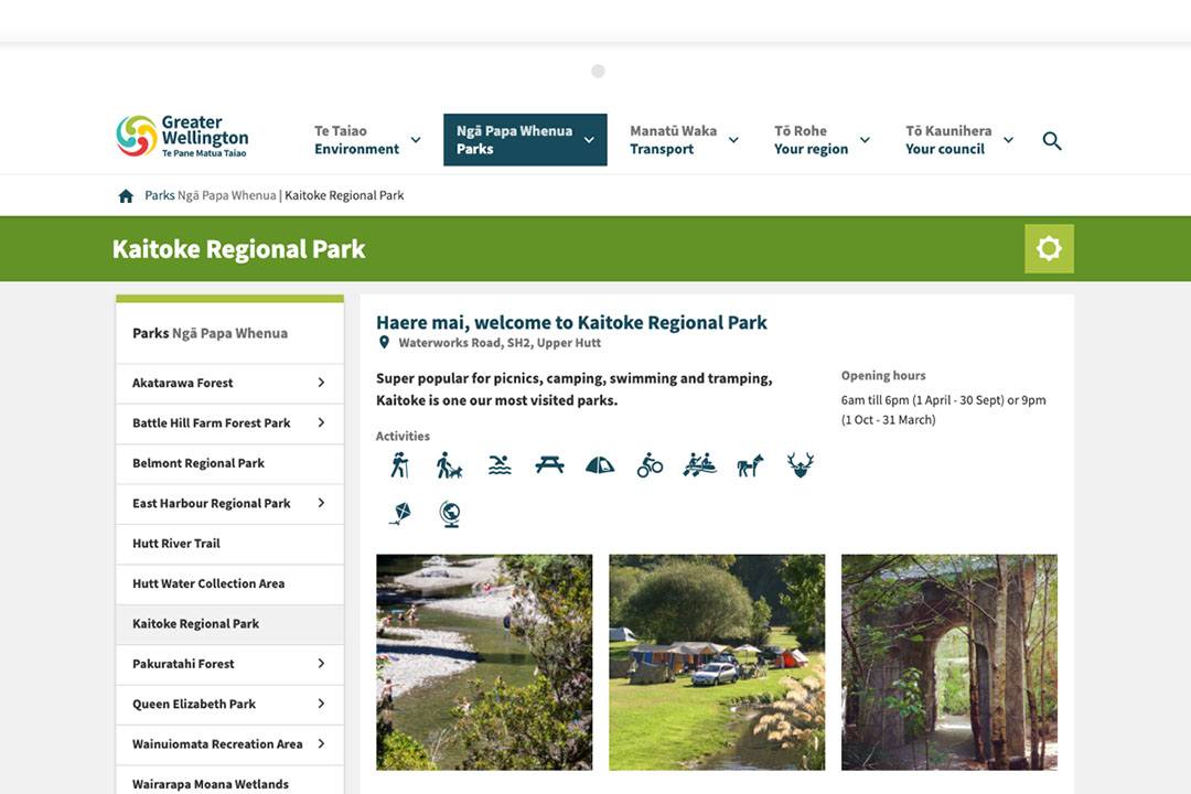 kaitoke regional park webpage