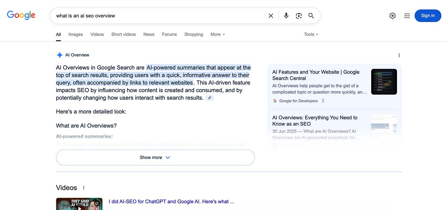 Example of an AI overview on Google search