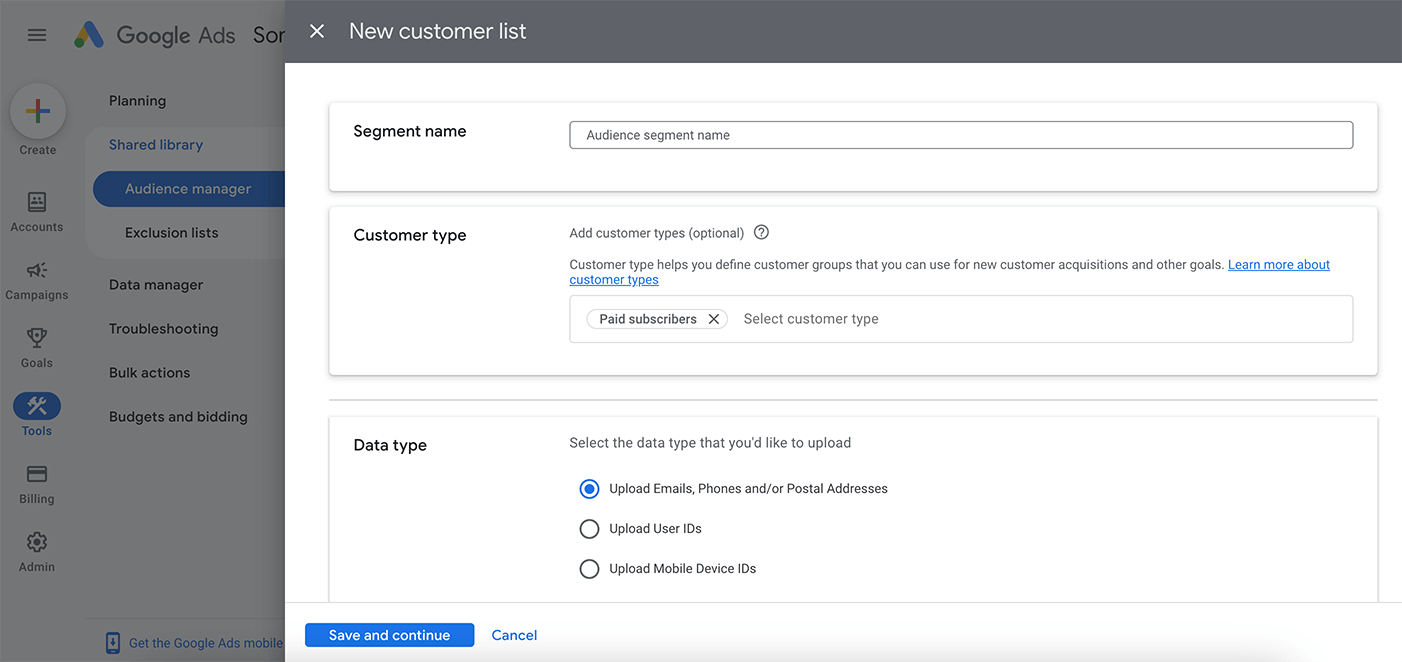Google Ads customer list settings