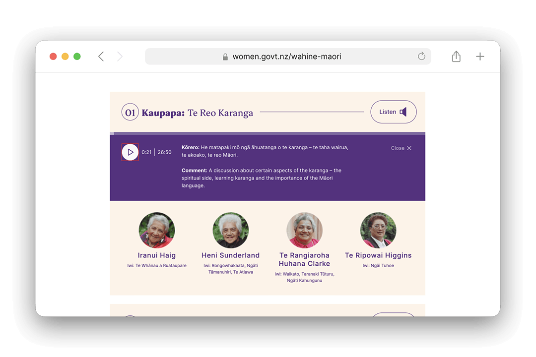 Ministry for Women website audio recording webpage