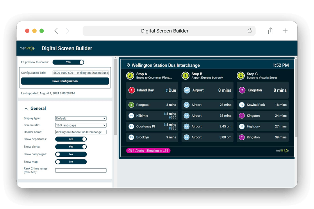 Screenshot showing the metlink digital screen builder