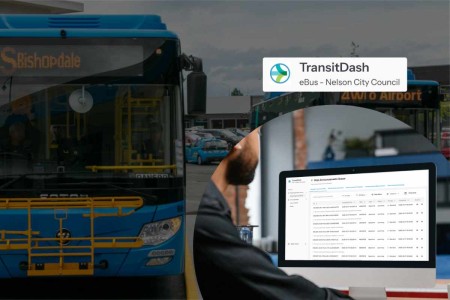 admin using eBus dashboard shown over a photo of an eBus v2