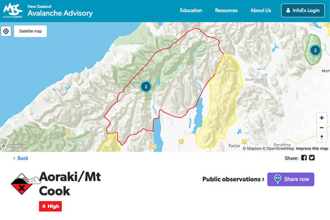 aoraki mt cook avalanche advisory webpage