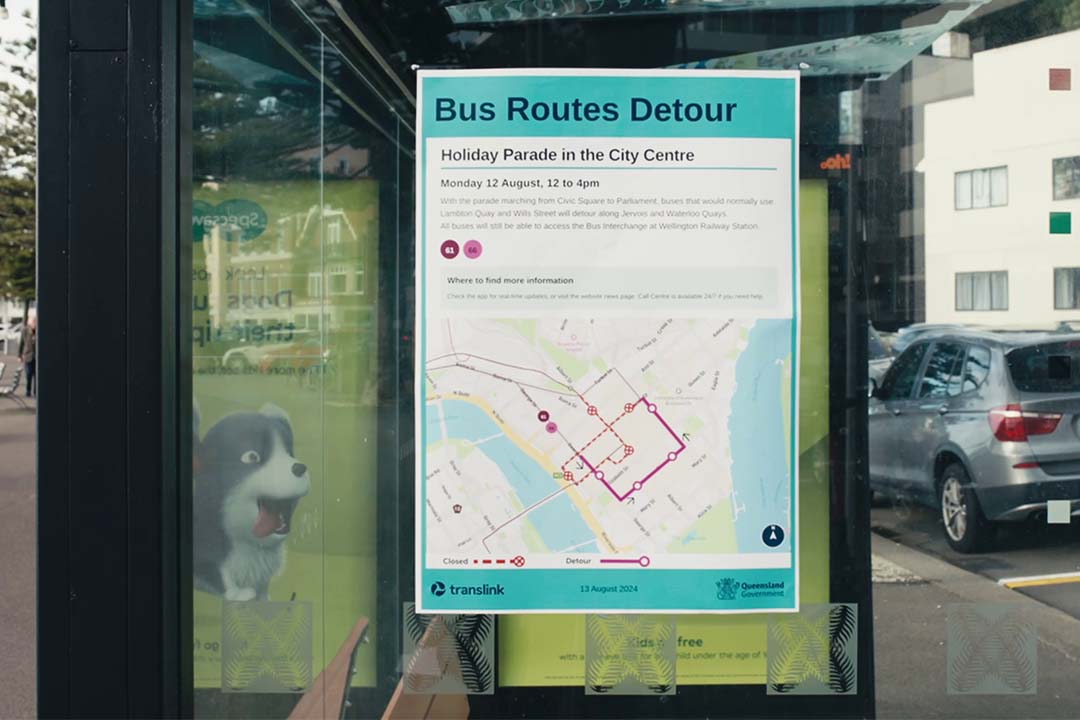 bus detour poster on the side of a bus stop