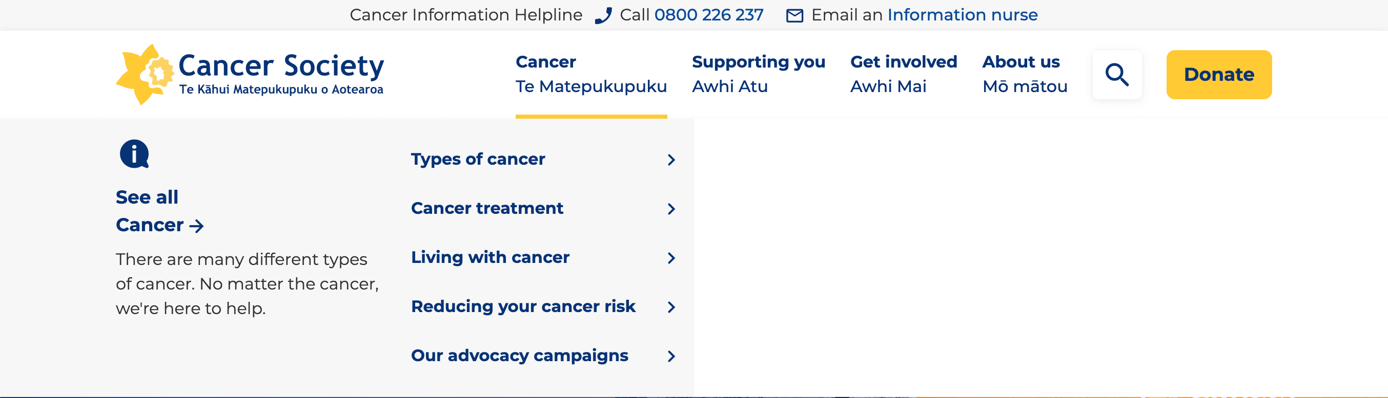 cancer society website main navigation