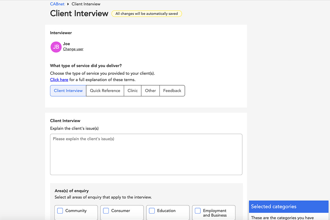 citizens advice bureau intranet client interview page