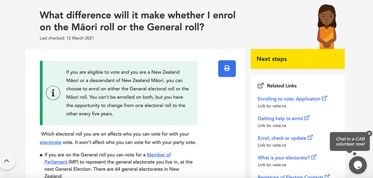 maori enrolment for general election webpage on citizens advice bureau website