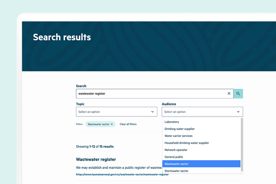 close up of waste water search results on taumata arowai website