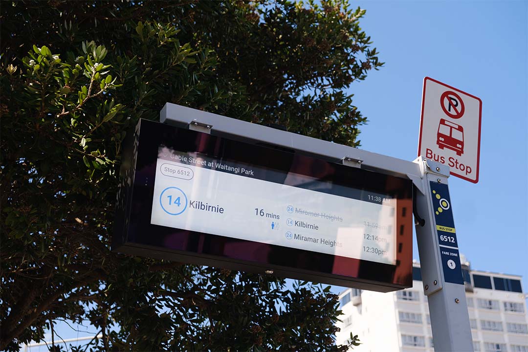 digital screen at cable street bus stop showing bus arrival times