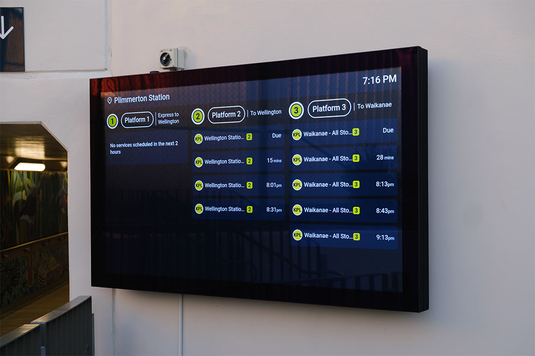digital screen at plimmerton station showing train arrival times on various platforms