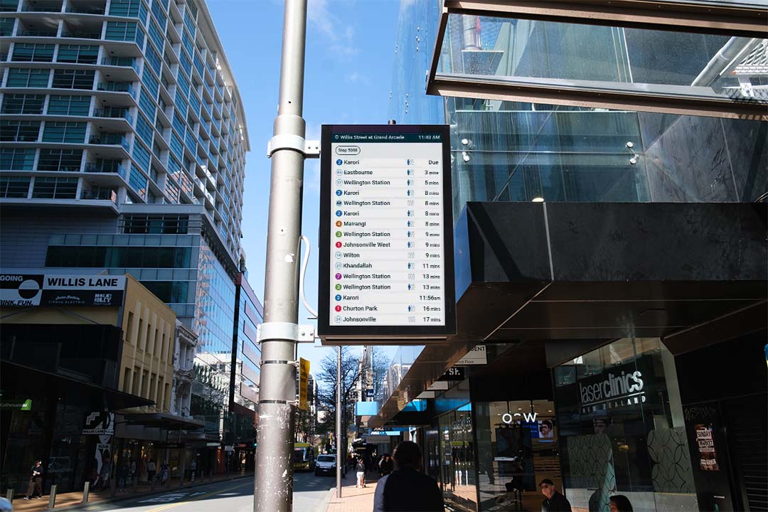 digital screen at willis street bus stop showing bus arrival times v2