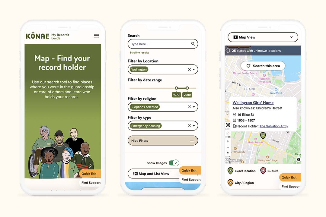 konae website on mobile showing map functionality