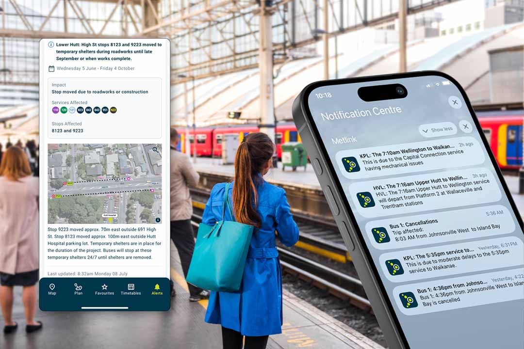 phone showing metlink service alerts and commuter in the background
