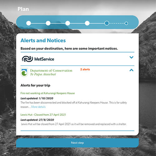 plan my trip tool alerts page