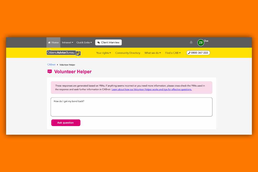 screenshot of citizens advice bureau AI volunteer helper
