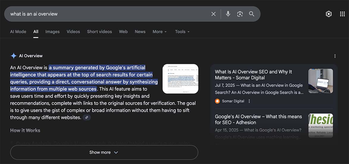 Example of an AI overview on Google search