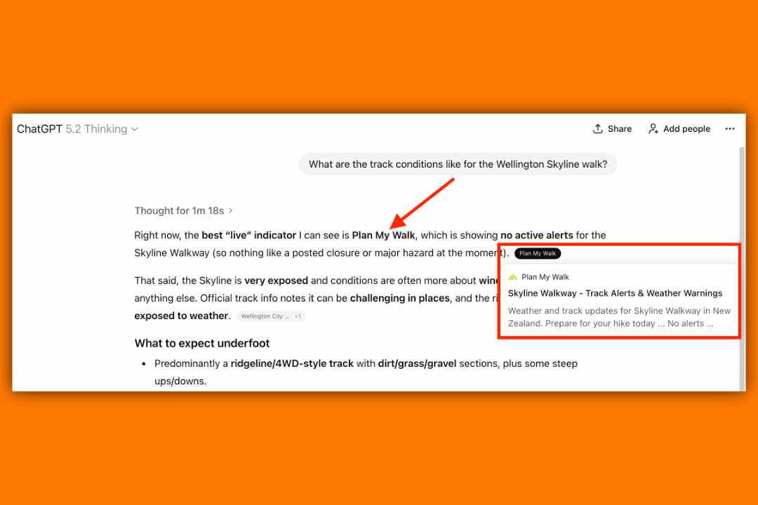 screenshot showing chatgpt answer mentioning Plan My Walk in relation to wellington skyline walk track conditions