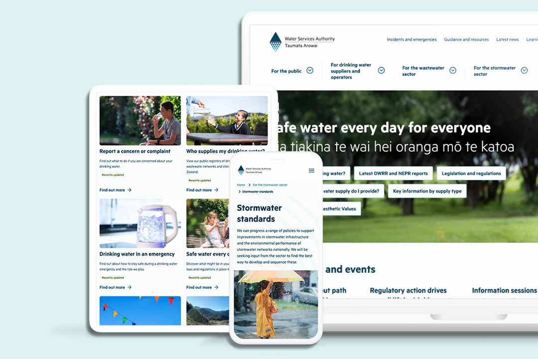 taumata arowai website displayed on different devices in front of cyan background