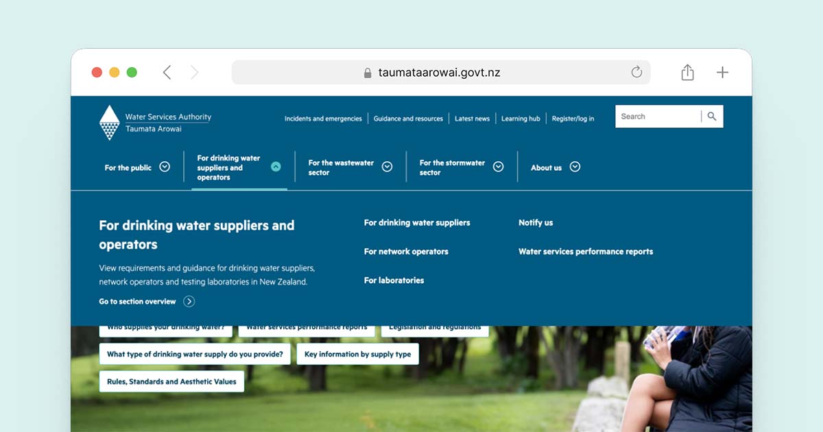 taumata arowai website with main navigation open