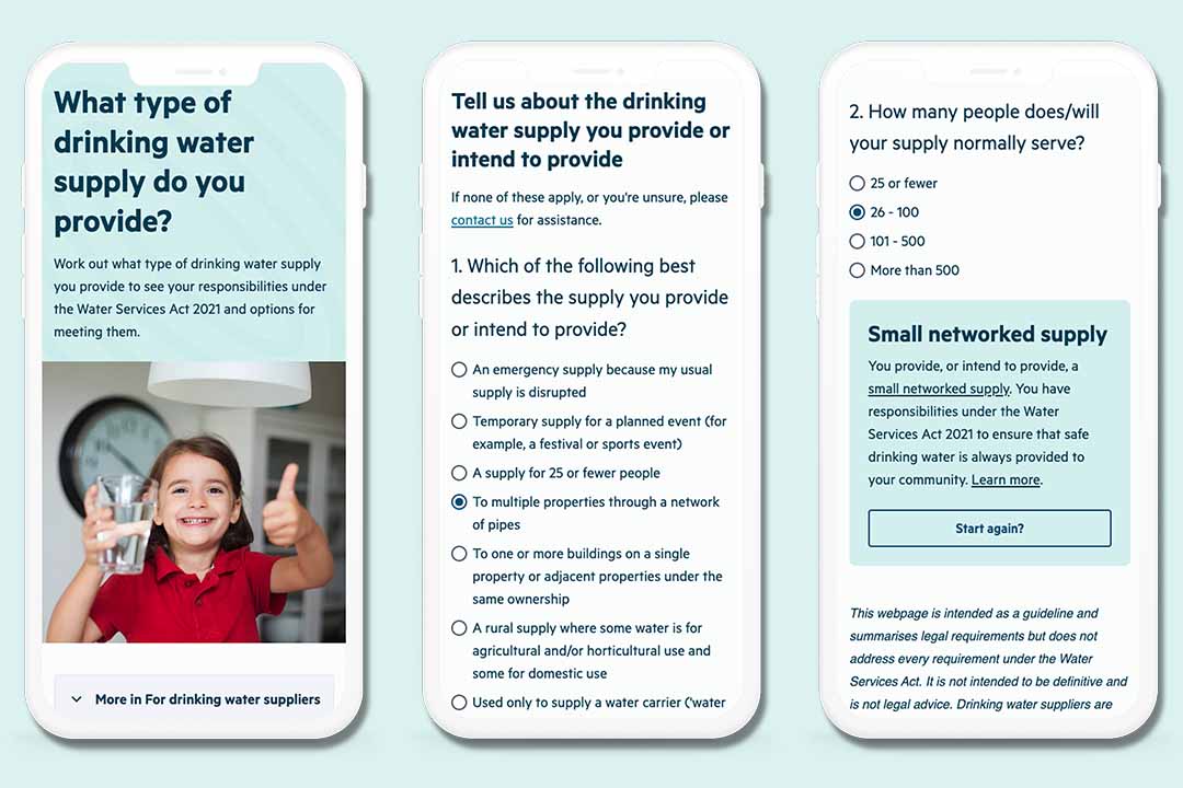 three mobile screens showing decision tool on taumata arowai website