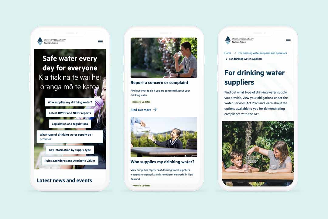 Three taumata arowai website pages on mobile infront of light blue background