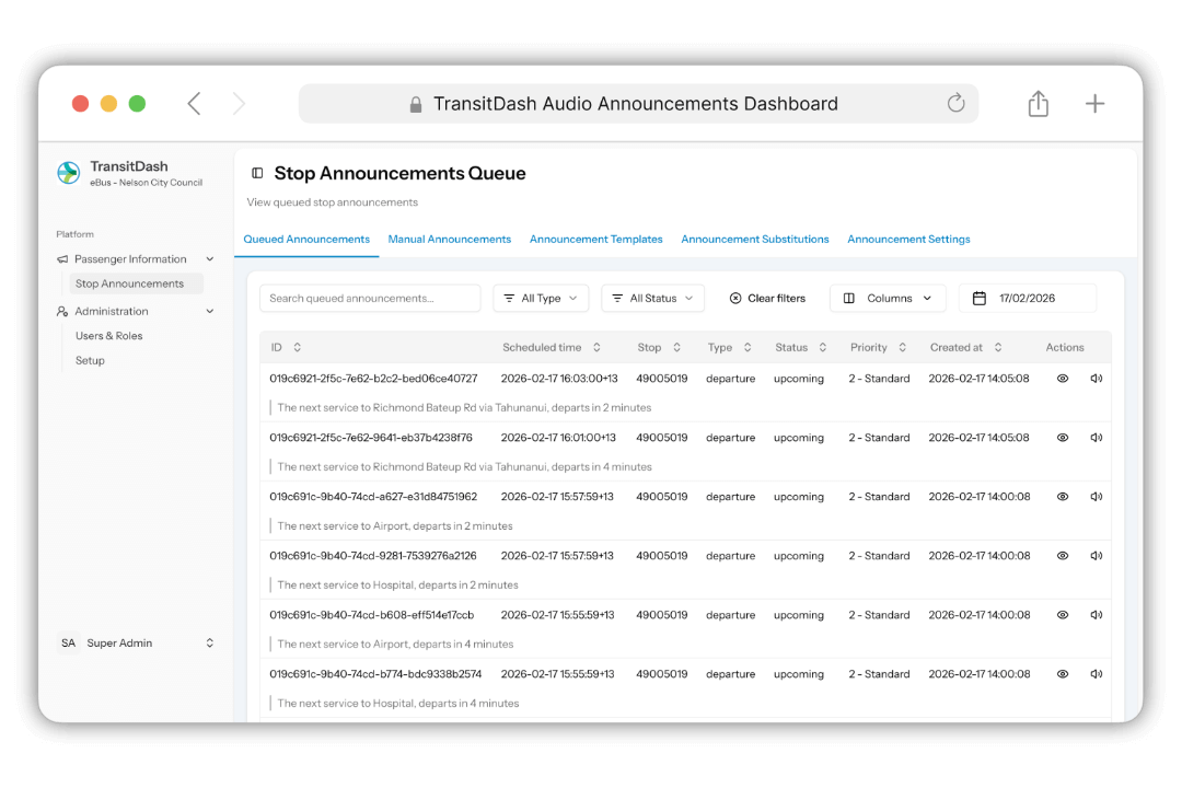 transitdash audio announcements dashboard for nelson city council