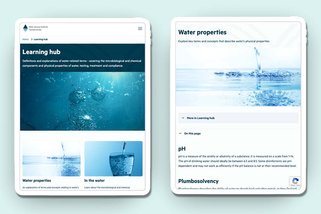 two ipads side by side showing learning hub section of taumata arowai website